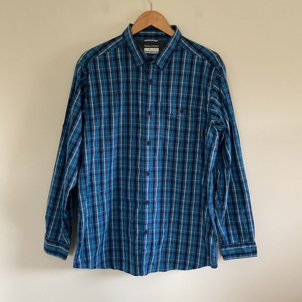 Columbia Omni Wick Vented Shirt Mens L Blue Plaid Cotton Nylon XM7257
